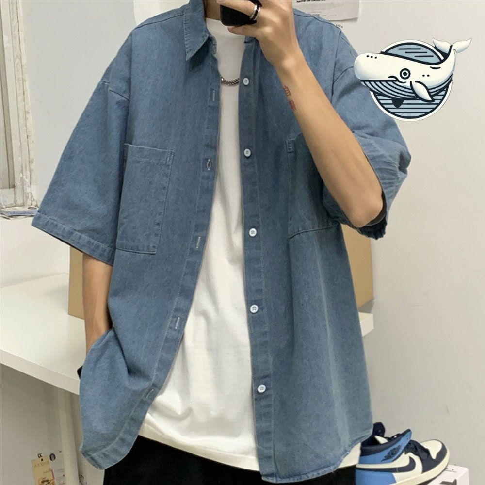 청량감 있는 캐주얼 오버핏 반팔 데님 셔츠