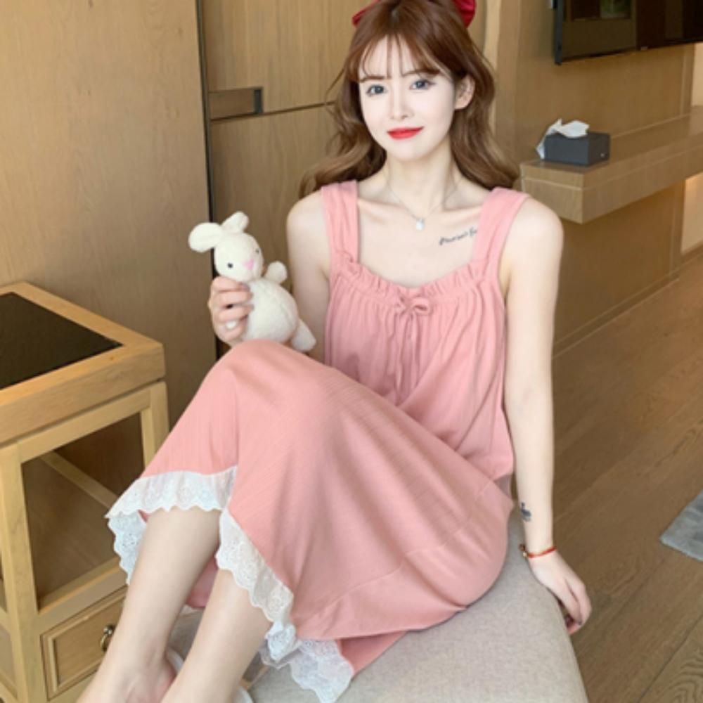 여성 여름 민소매 실크 리본 홈웨어 잠옷 원피스 파자