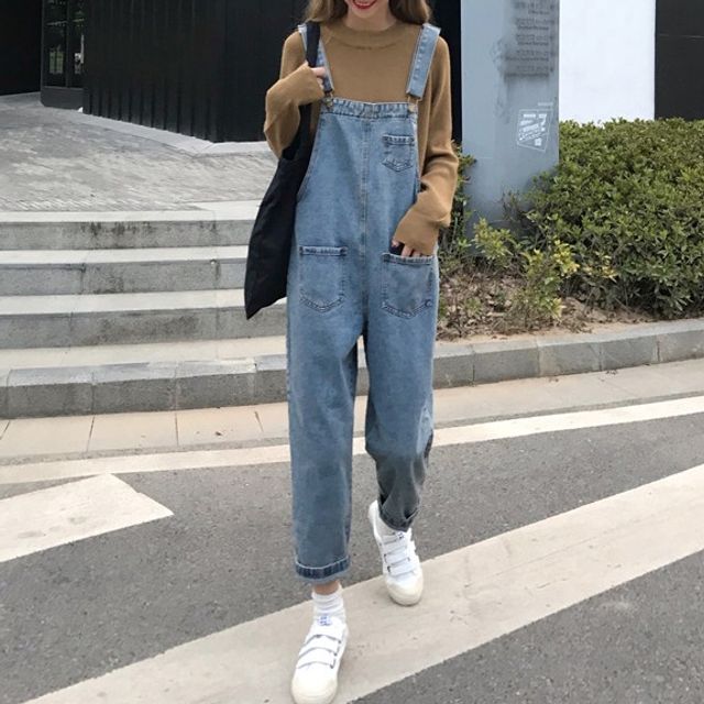 여성 캐주얼 중청 워싱데님 반배기 포켓 멜빵바지