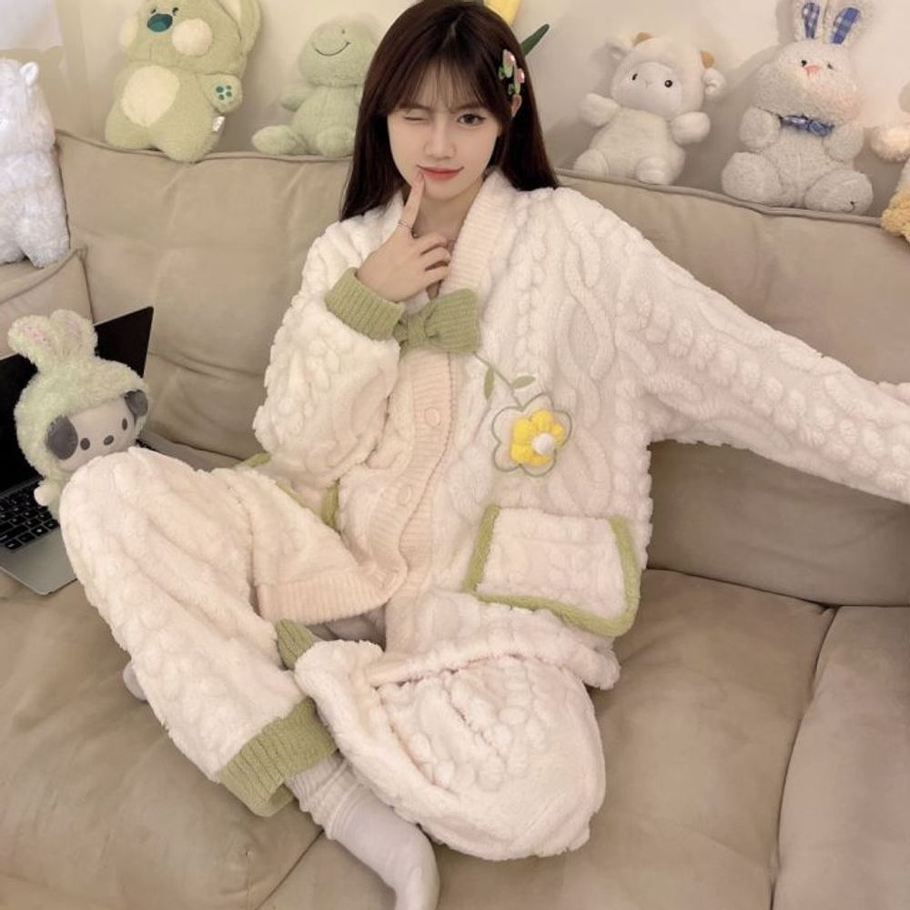 부드러운 극세사 리본 홈웨어 잠옷 실내 파자마