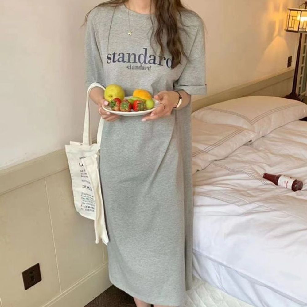 반팔 데일리 홈웨어 원피스 레터링 트임 롱 등