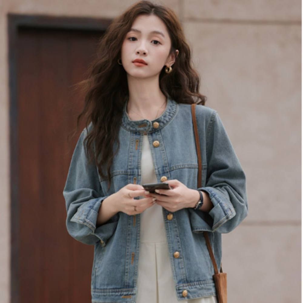 여성 라운드넥 스커트 원피스 코디 노카라 데님 자켓