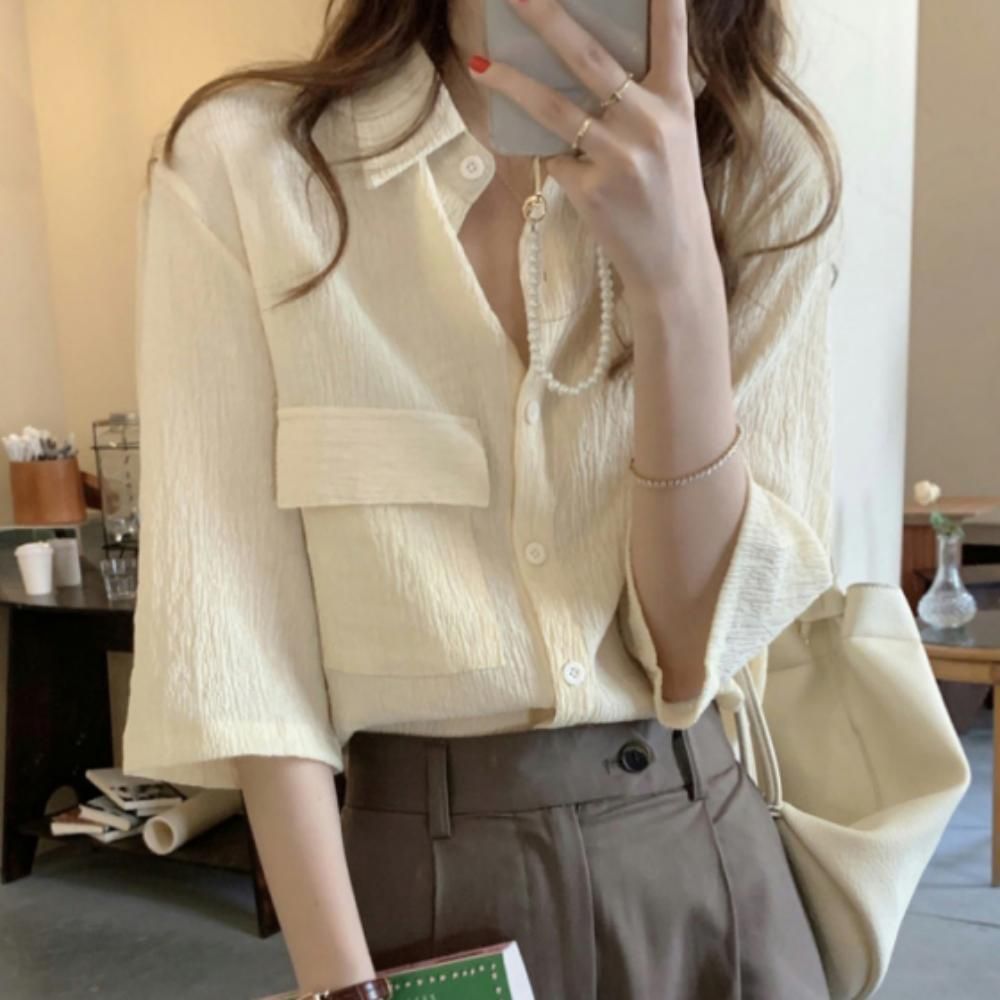 여성 봄 여름 7부 루즈핏 포켓 셔츠 아이보리