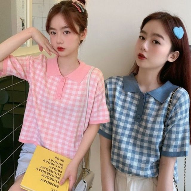 여성 스타일 반크롭 기본 귀여운 데이 체크 카라 여름