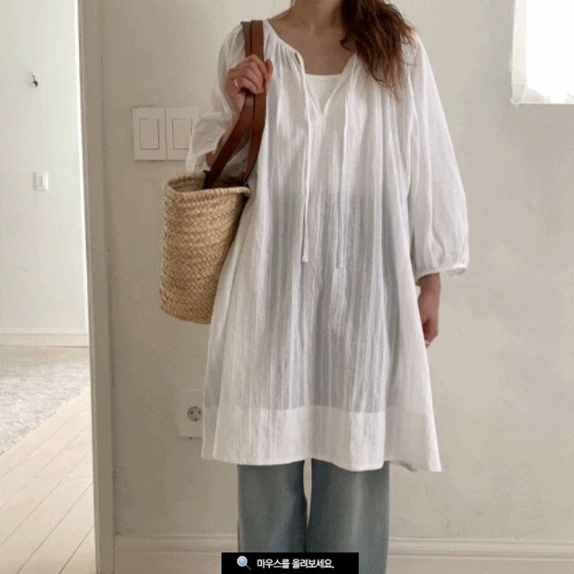 여성 데일리룩 넥스트링 시스루 롱 블라우스 2컬러