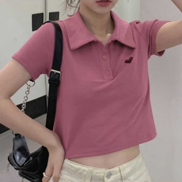 러블리 반팔 카라티 기본 티셔츠 데이 크롭