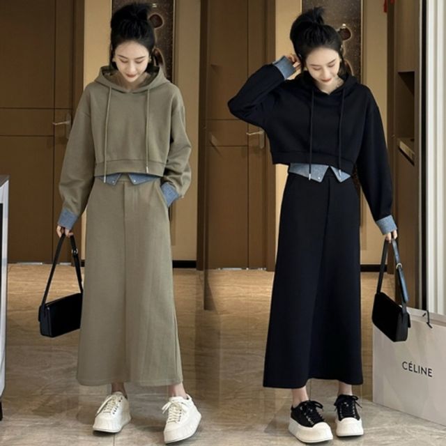 캐주얼 데일리룩 소매 데님 크롭 맨투맨 스커트 세트