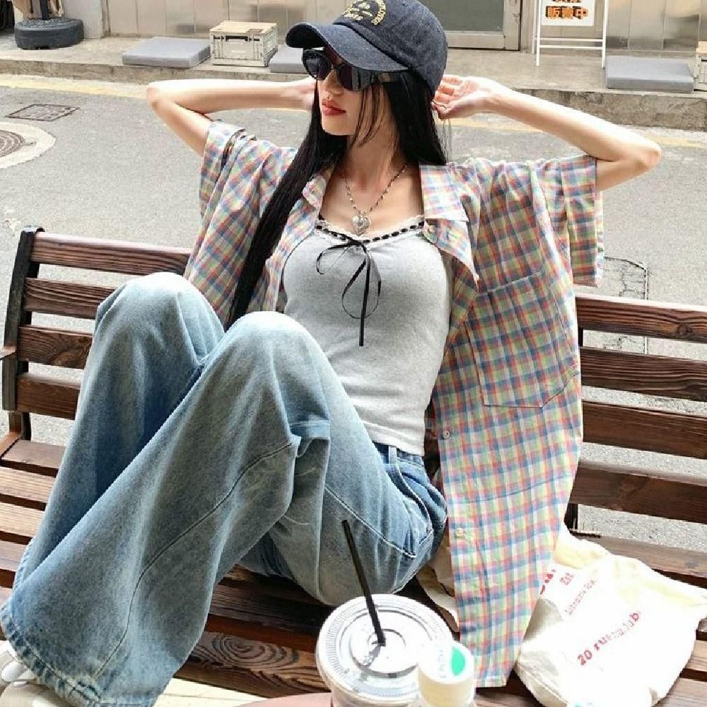 포켓 반팔 체크 셔츠