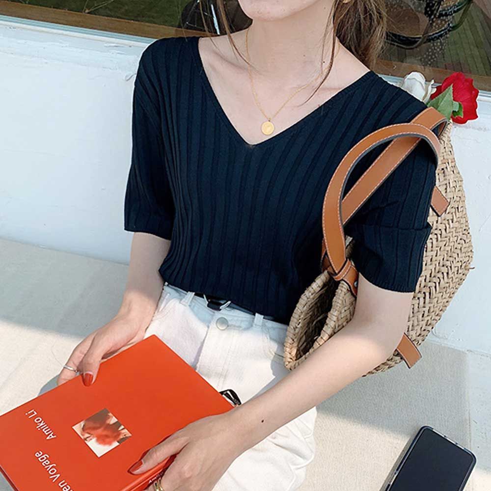 여자 골지 옷 반팔 여성트랜드패션 브이넥 하프