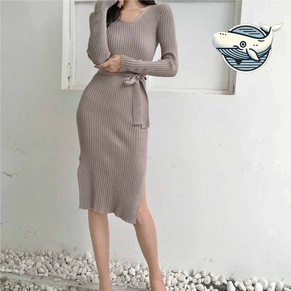 브이넥 허리끈 슬림핏 골지 원피스 여름 세련된