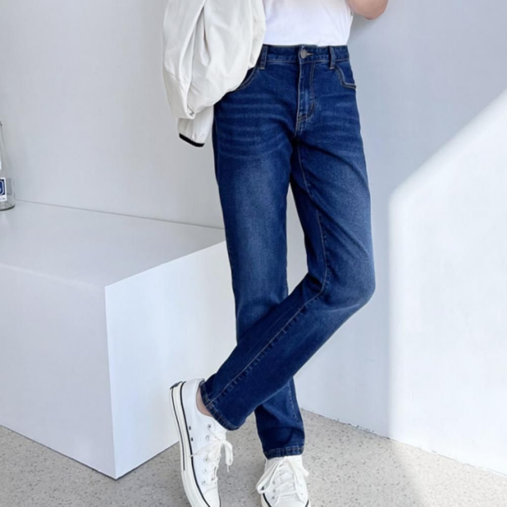 남성 데일리 빅사이즈 스판 슬림 일자 중청 청바지