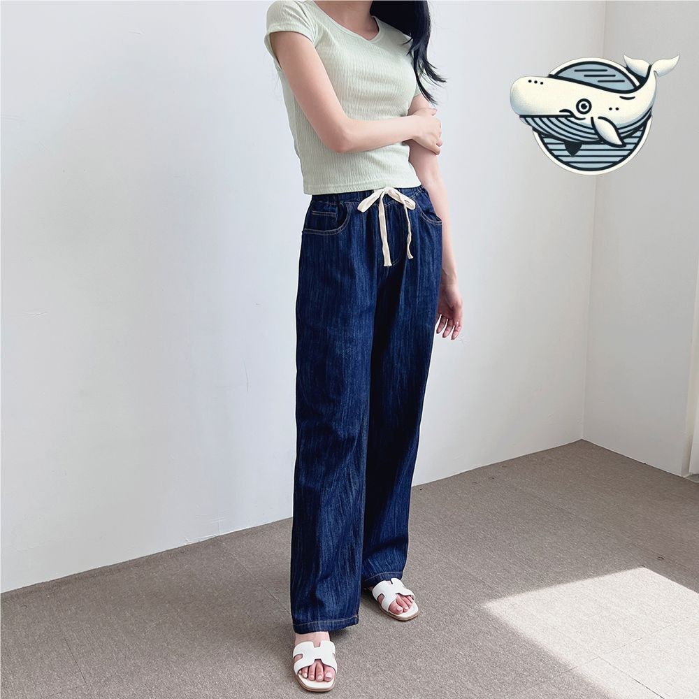 여자 린넨 와이드 바지 청색 편안한 여름 필수