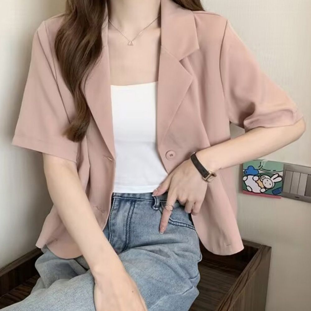 여성 부드러운 크롭 기장 단정 자켓식 반팔 셔츠