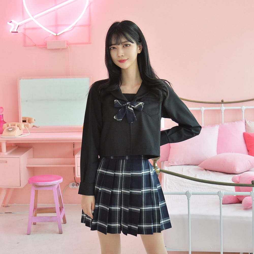 교복몰 차분한 네이비 체크 블랙 여고생 세라복 긴팔