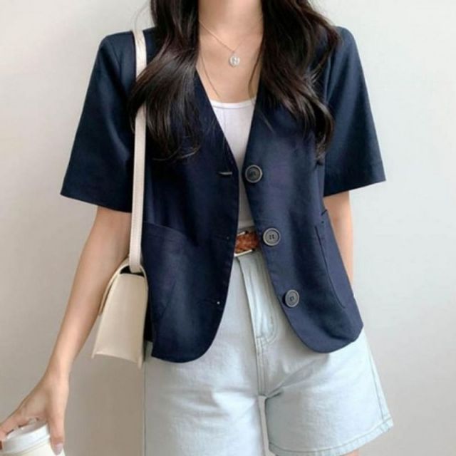 크롭 여성 단추 기본 여름 데이 시원한 노카라 브이넥