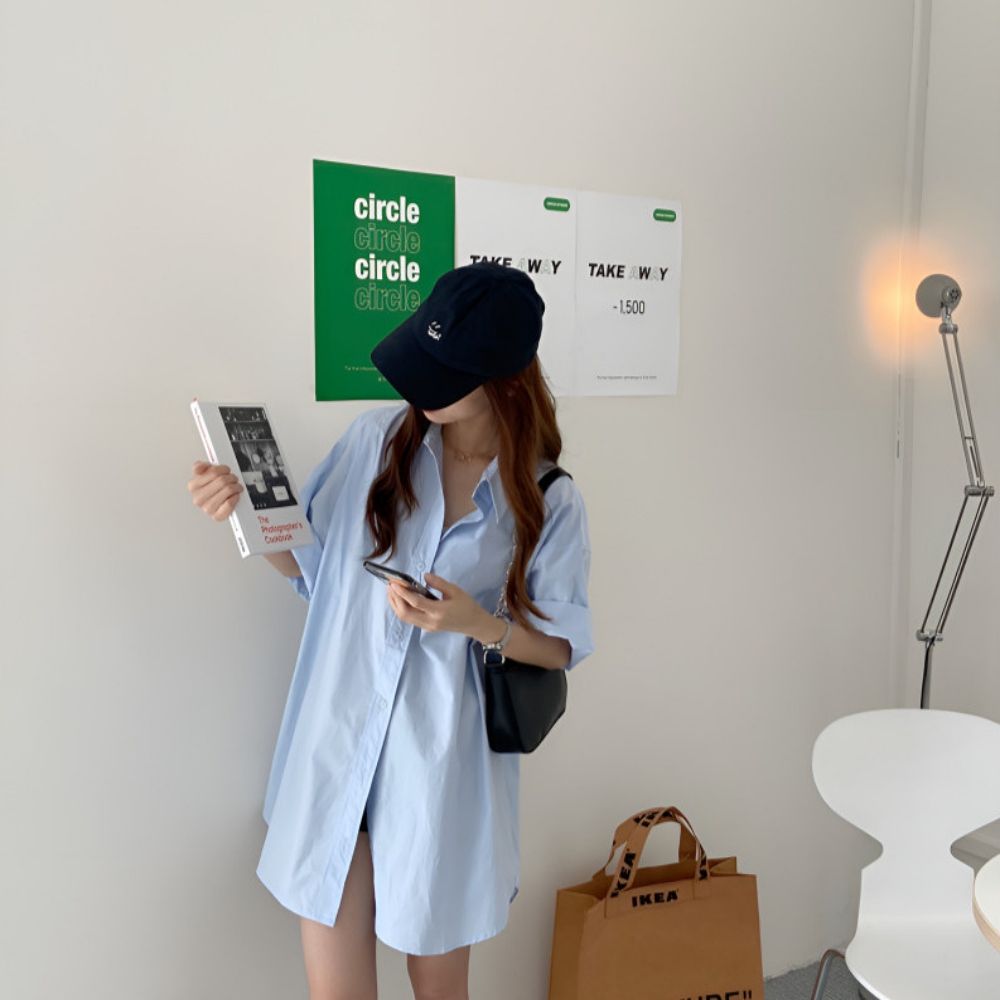 여성 2컬러 봄 여름 오버핏 반팔 롱셔츠 롱남방