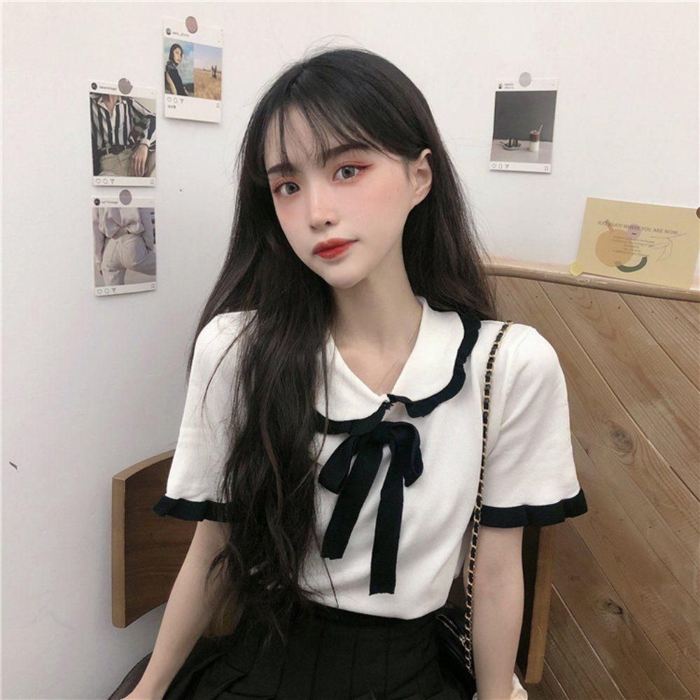 여성 러블리 카라 여름 반팔 티셔츠 데이트룩 리본