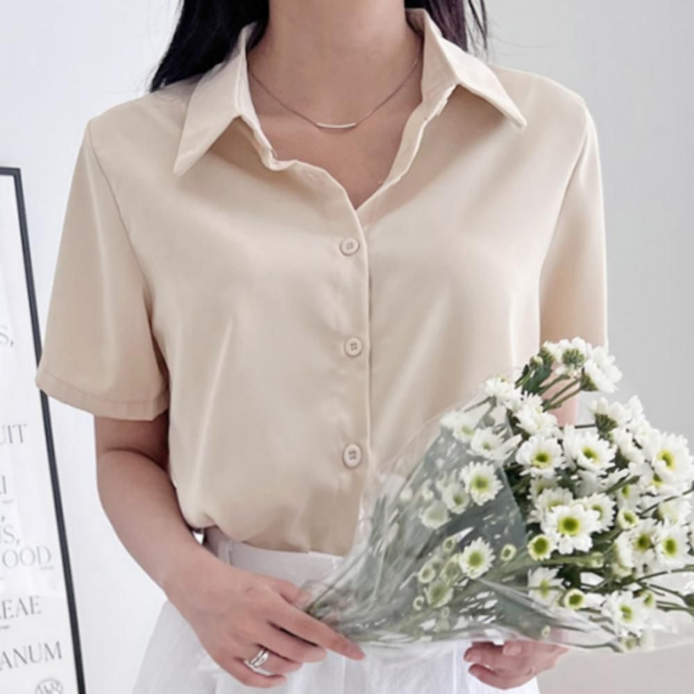 여성 여름 데일리 실키 실크 반팔 블라우스 셔츠