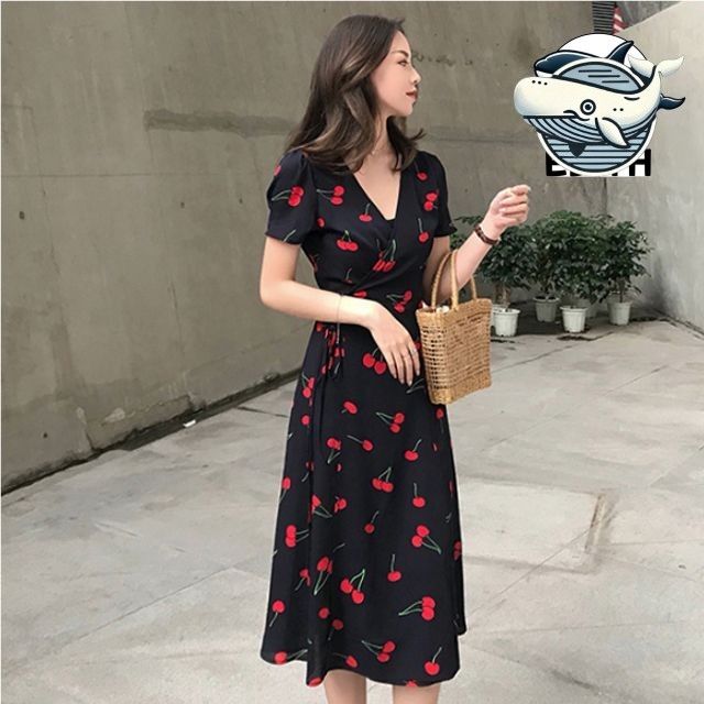 여성용 플라워 랩스커트 브이넥 트렌디 봄
