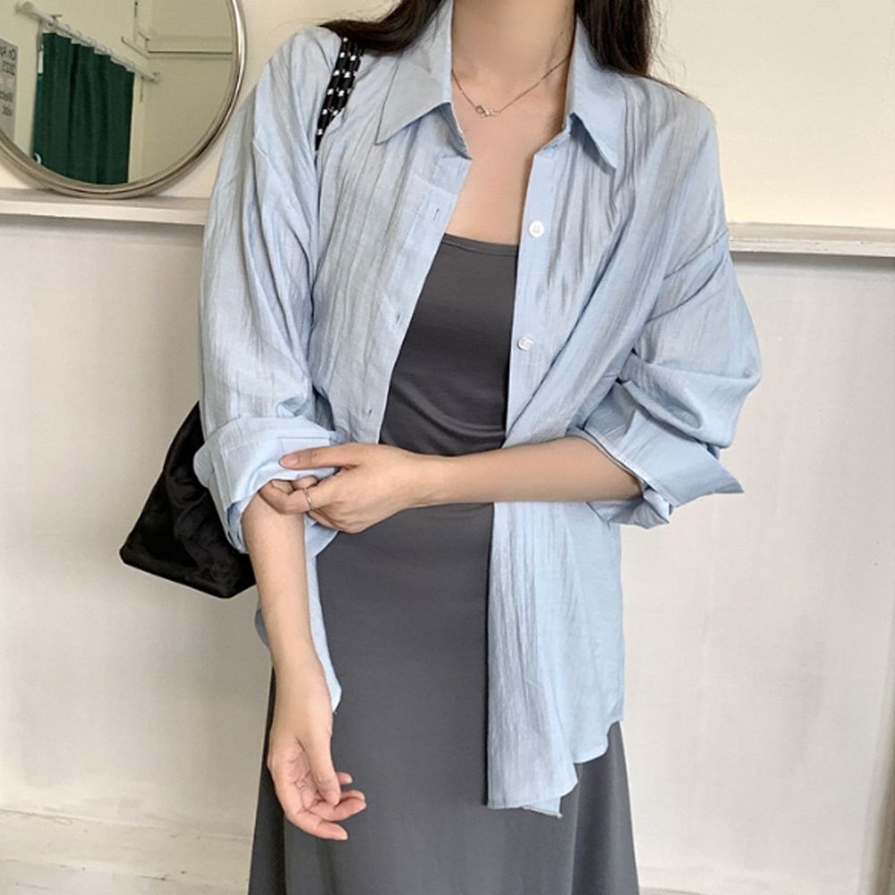 휴양지 블루 외투 얇은 카라 긴팔 외투셔츠 카