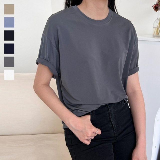 여성 무지 기본 기본 디자인 데이 라운드넥 아이스 반