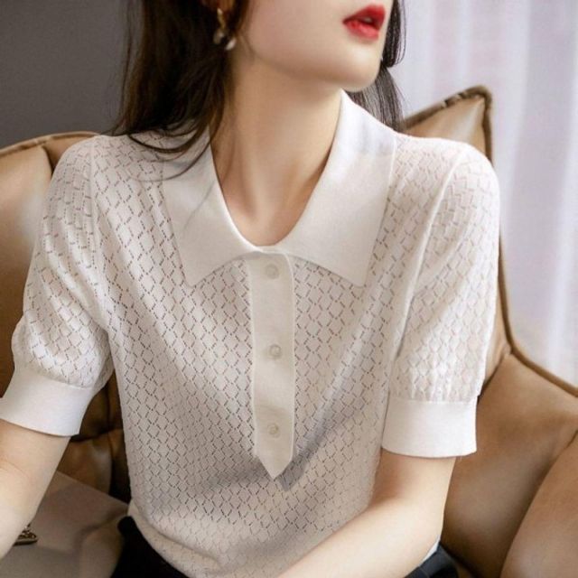 펀칭 티 카라 기본 셔츠 데이 여성 여름 데일리 단추