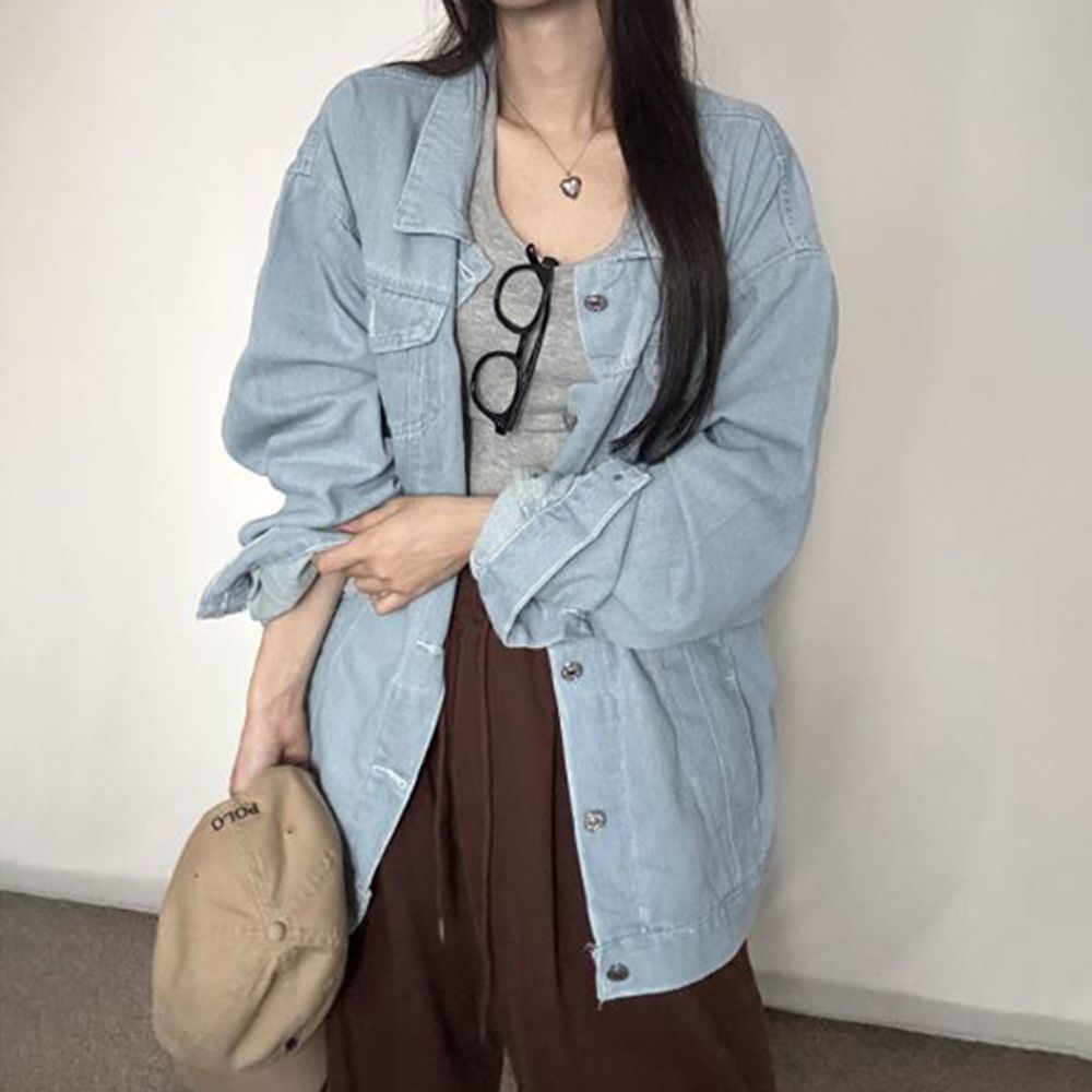 여성 넉넉한 기장 청자켓 1P 루즈핏 얇은 데님 외투