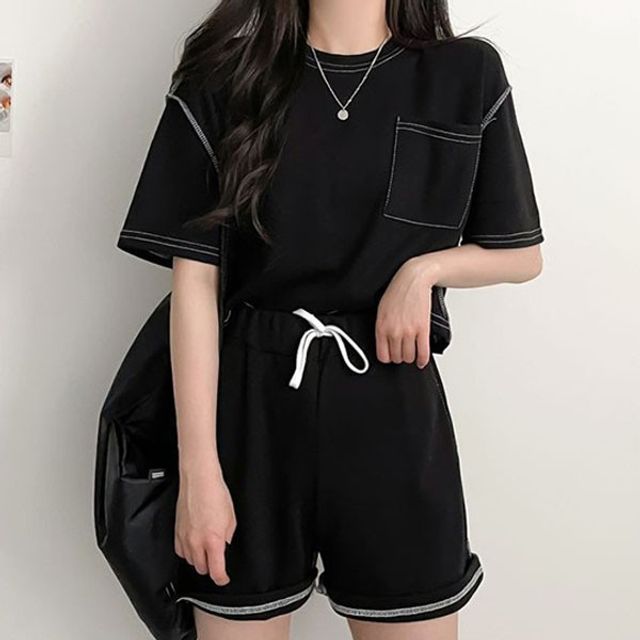 여성 라운드넥 여름 기본 포켓 데이 반팔 허리밴딩 반