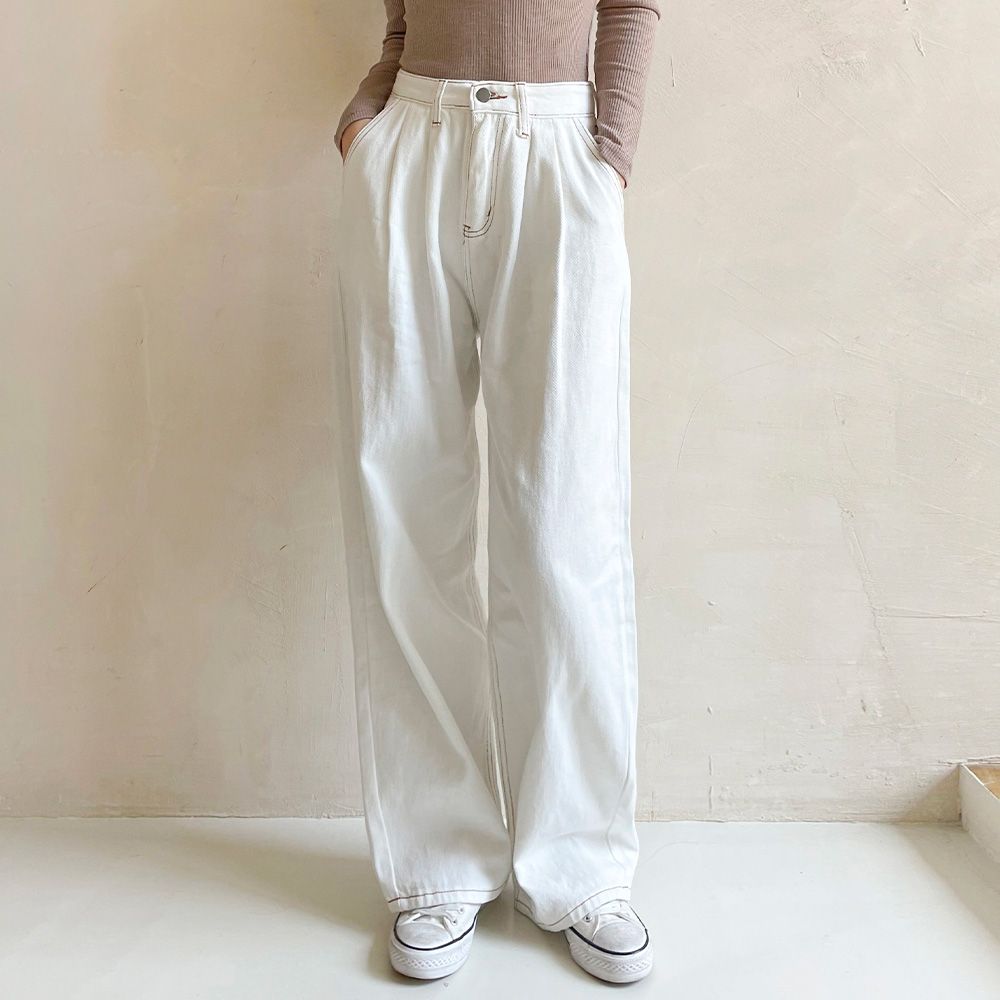 여성 데일리 화이트 바지 와이드 핀턱 팬츠