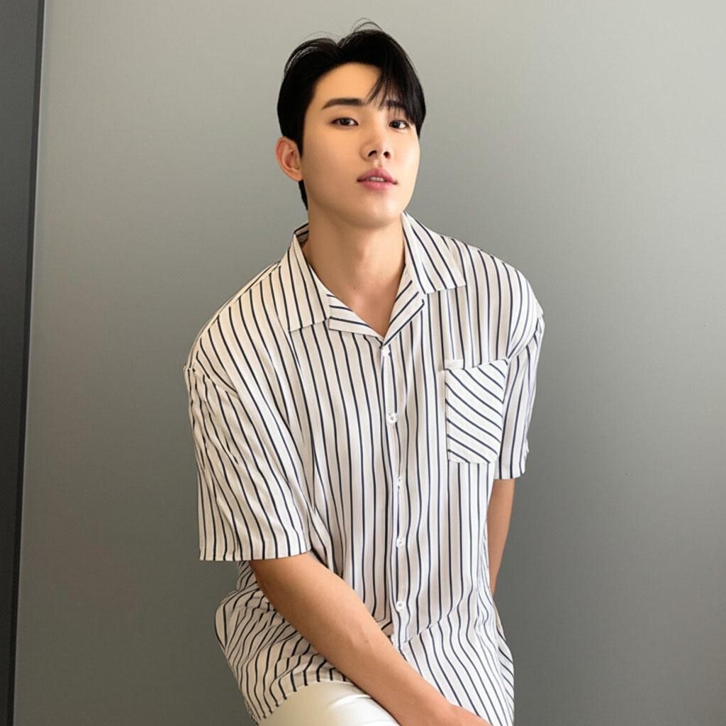 가는 줄무늬 리넨 오픈카라 반소매 셔츠