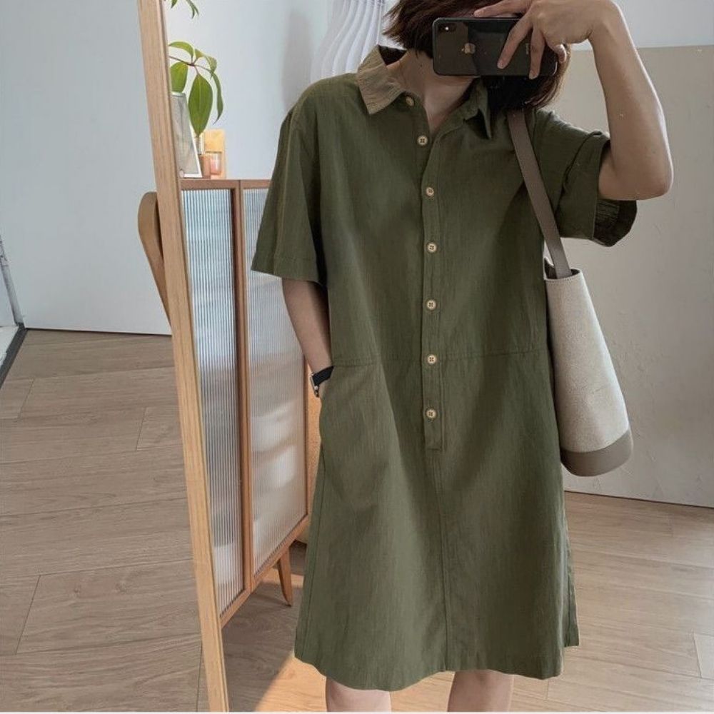 데일리 여자 카라 반팔 셔츠 버튼 미들 원피스