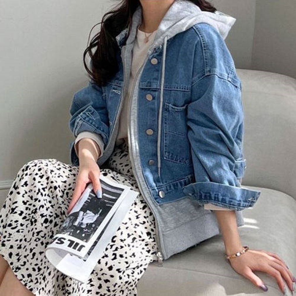 F5506 배색 후드 청 데님 자켓 집업 남녀공용 커플