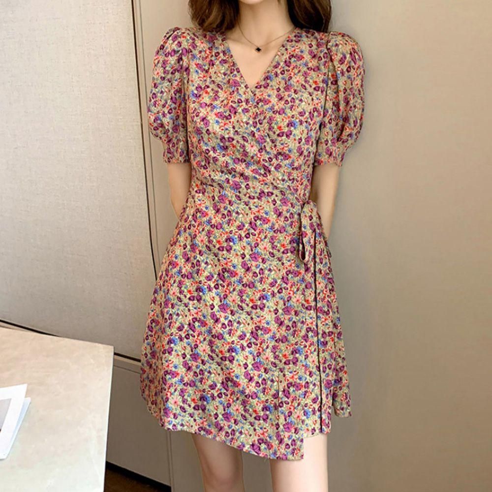 30대 20대 무늬 브이넥 짧은 원피스 여름 꽃 A라인