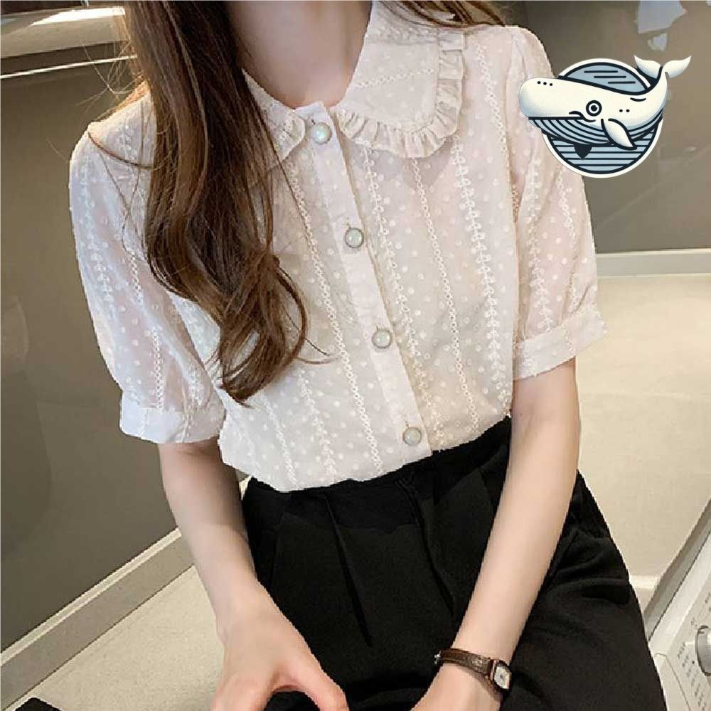 여성 여름 자수 블라우스 프릴 단추 하객룩