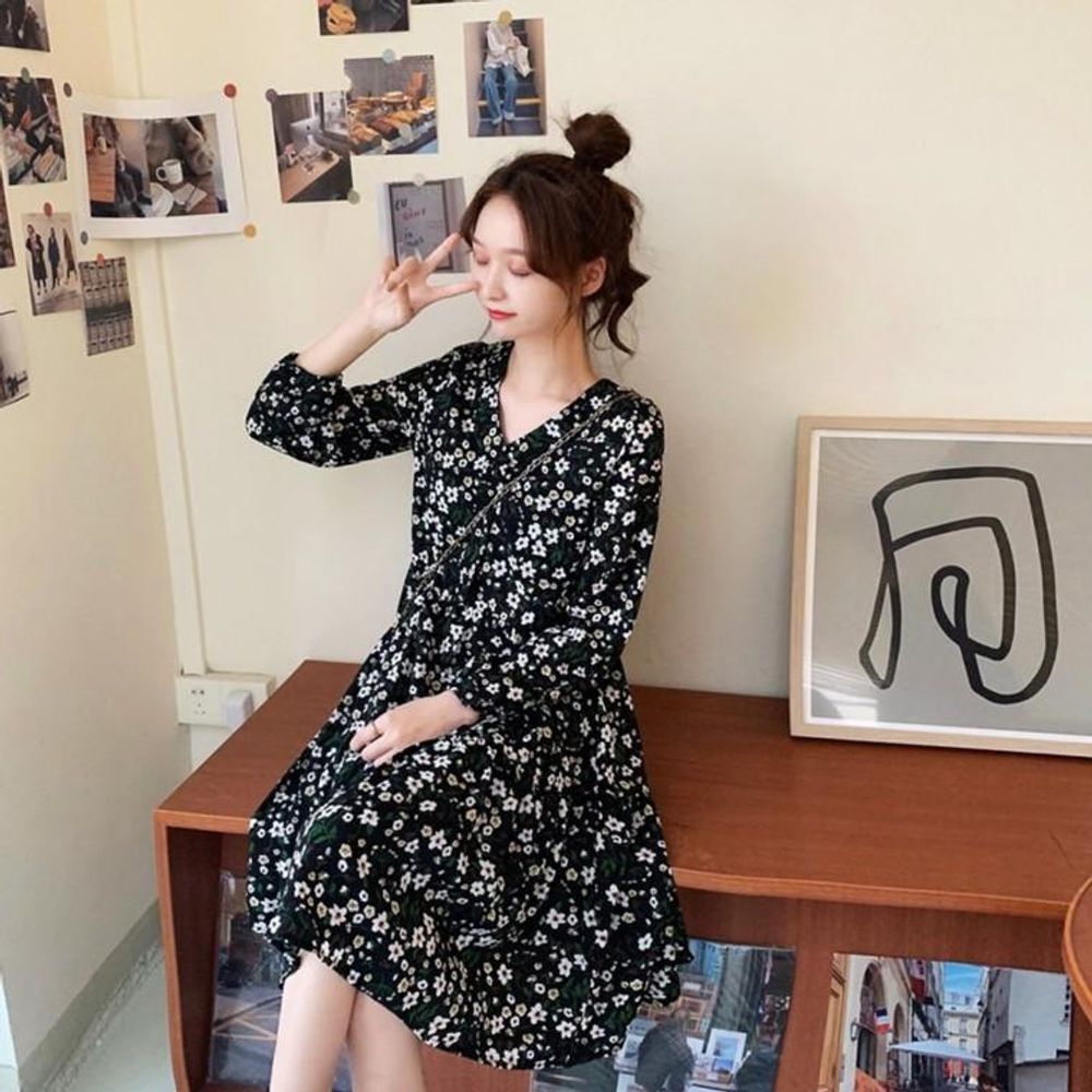 여성 봄여름 플라워 브이넥 셔링 원피스 봄여름 여성
