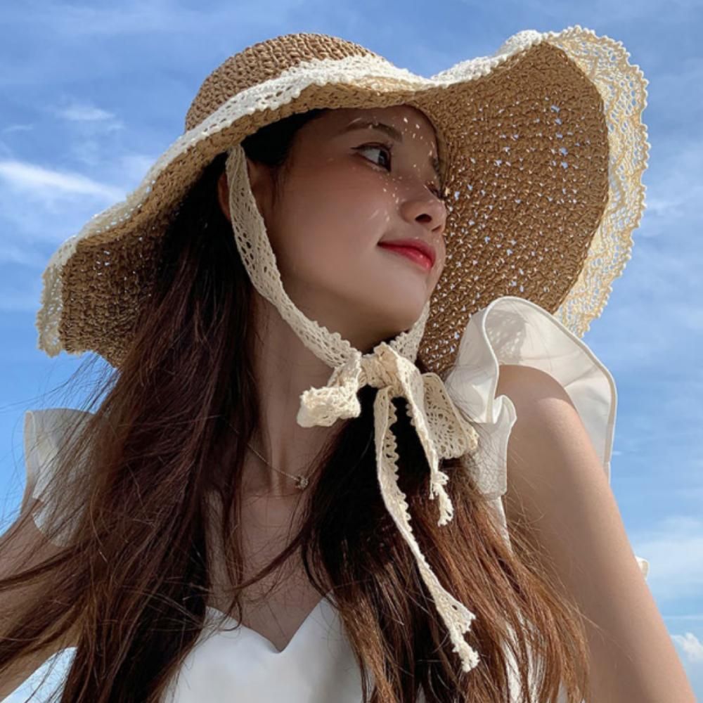 패션 여름 레이스 왕골 모자 여성 신상 여행 챙모자