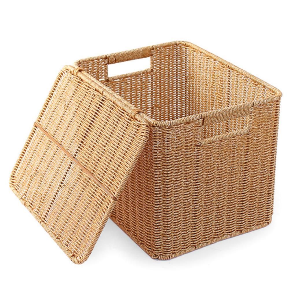 바구니 수납 바스켓 라탄 사각 뚜껑 32x26cm