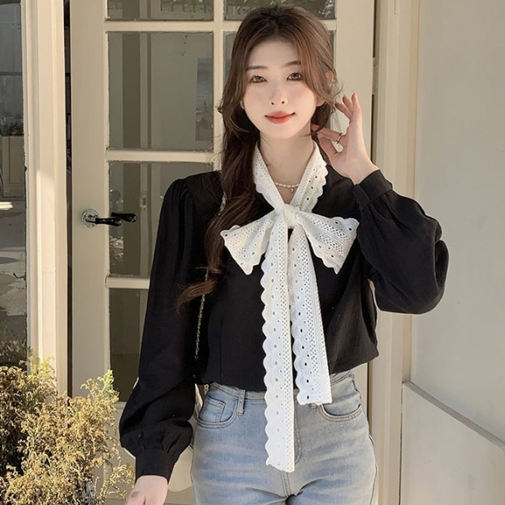 여성 물결 레이스자수 시스루 블라우스 2컬러