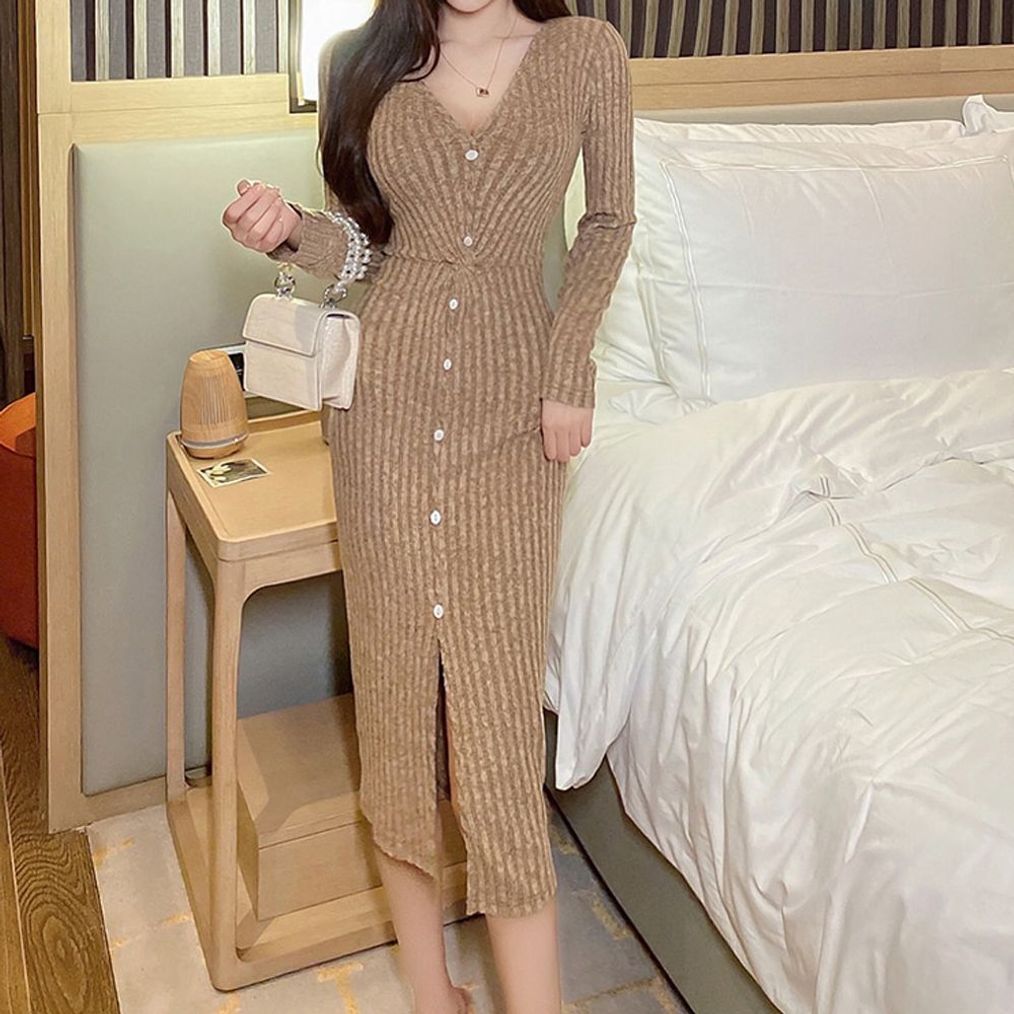 클럽원피스 홀복 골지 클럽 롱원피스 브이넥 니