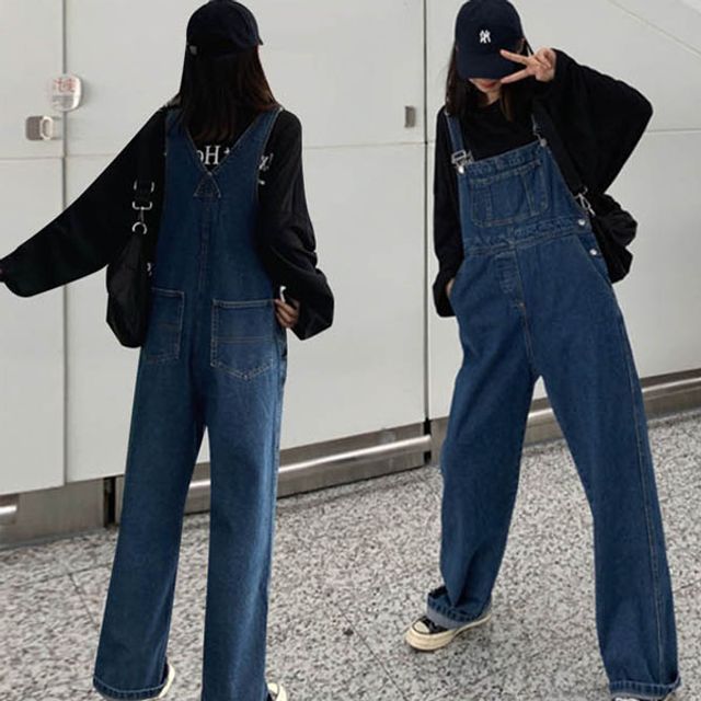 청 멜빵바지 멜 진청 점프수트 와이드핏 빵팬츠