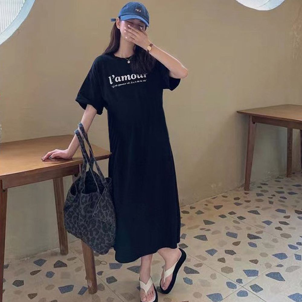 여성 데일리 홈웨어 트임 롱 기장 반팔 원피스