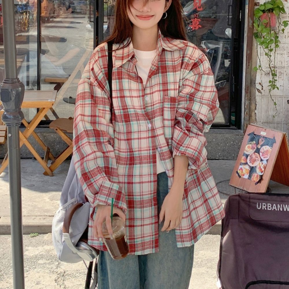 여성 청순 체크무늬 셔츠 루즈핏 긴팔 카라 남방 2색