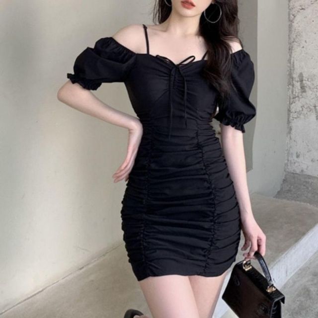 오프 슬림 숄더 기본 원피스 데이 여름 주름 H라인 퍼