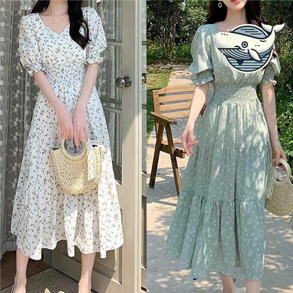 쉬폰 플라워 퍼프소매 A라인 여름 원피스