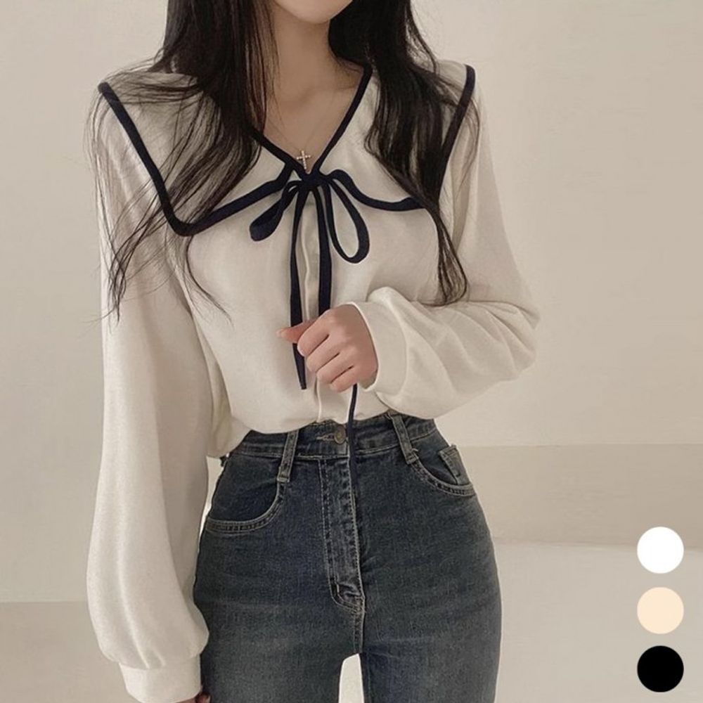 블라우스 셔츠 브이넥 배색 여자 예쁜 카라 매