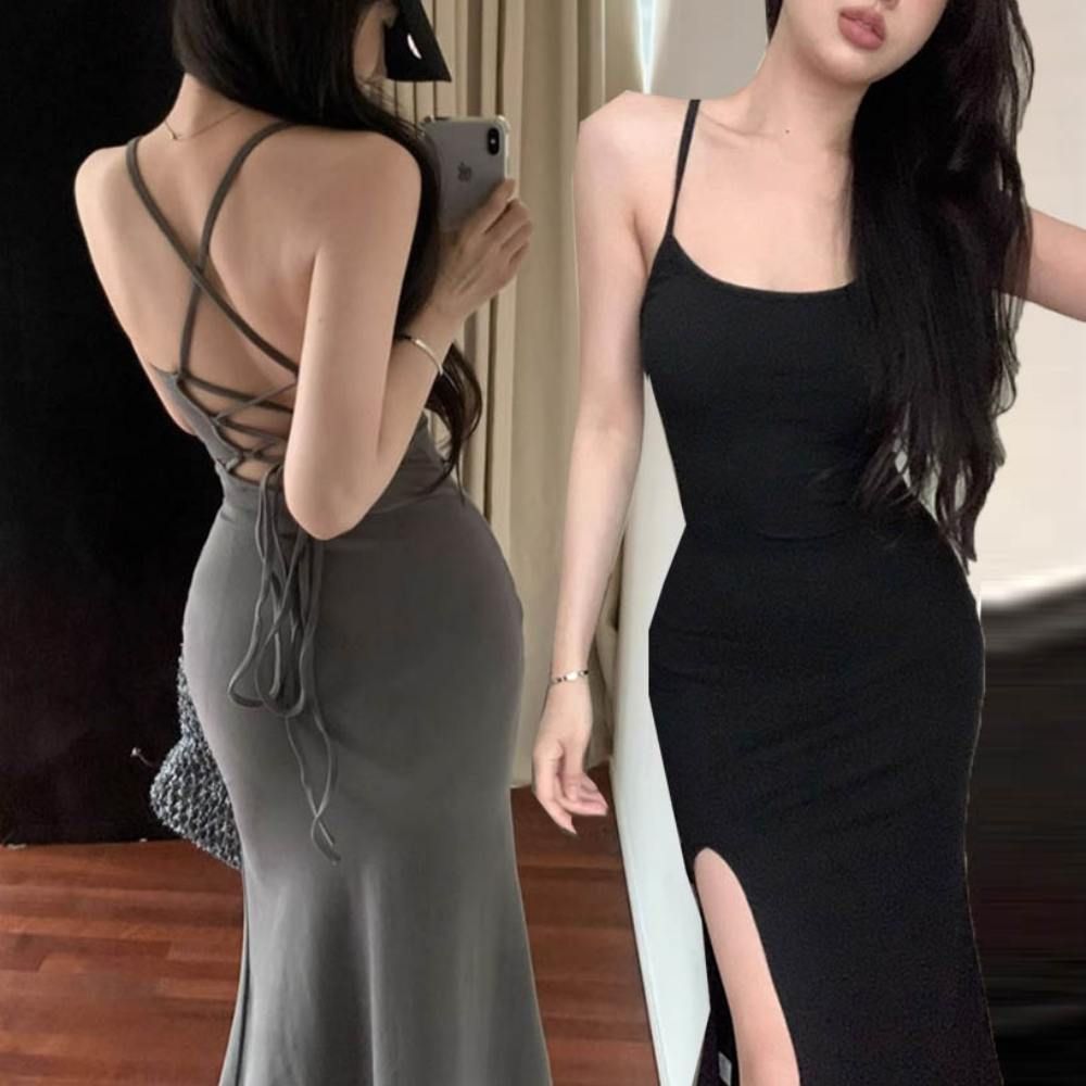 여성 백스트링조절 슬림 트임 데이트룩 나시롱원피스