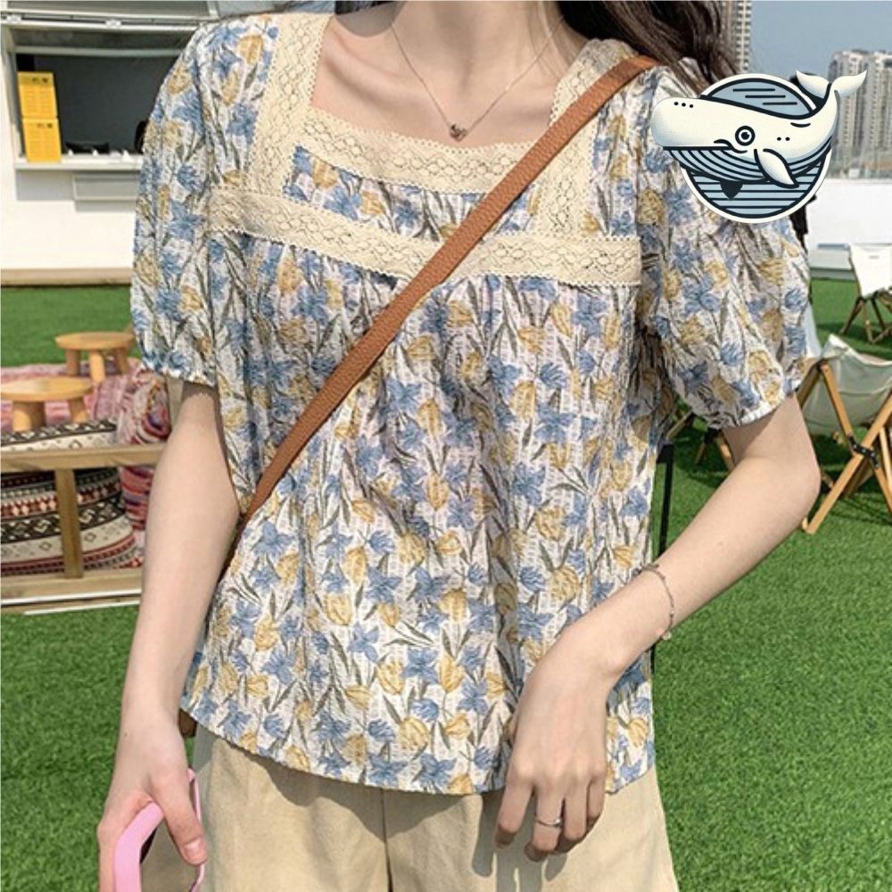 여름 스타일리시 플라워 반팔티 튜닉 스퀘어넥