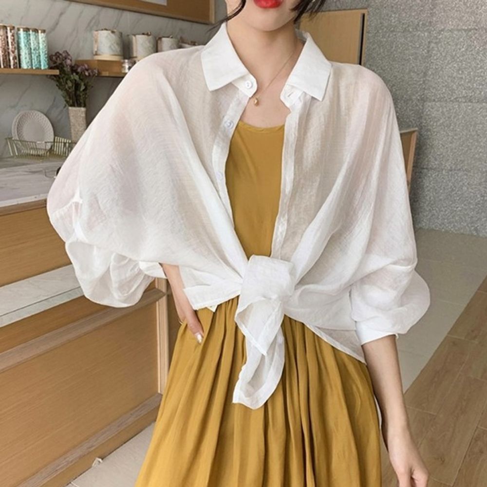 쉬폰 데일리 셔츠 오버핏 여성 바닷가 시스루