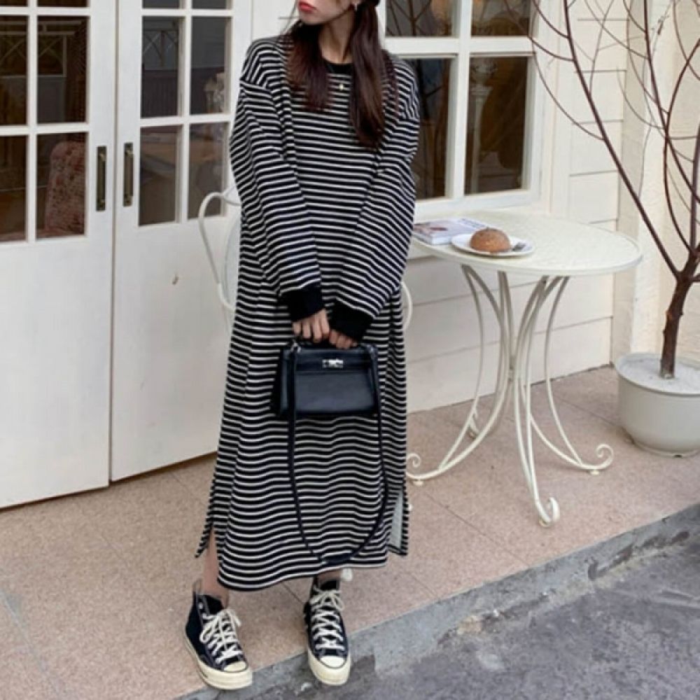 여성 데일리 스트라이프 패턴 기모 긴팔 원피스
