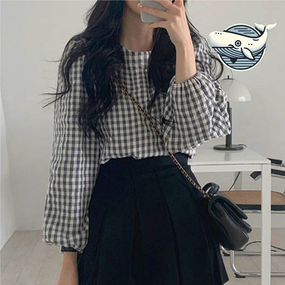 벌룬소매 여성 체크무늬 블라우스 데일리 패션